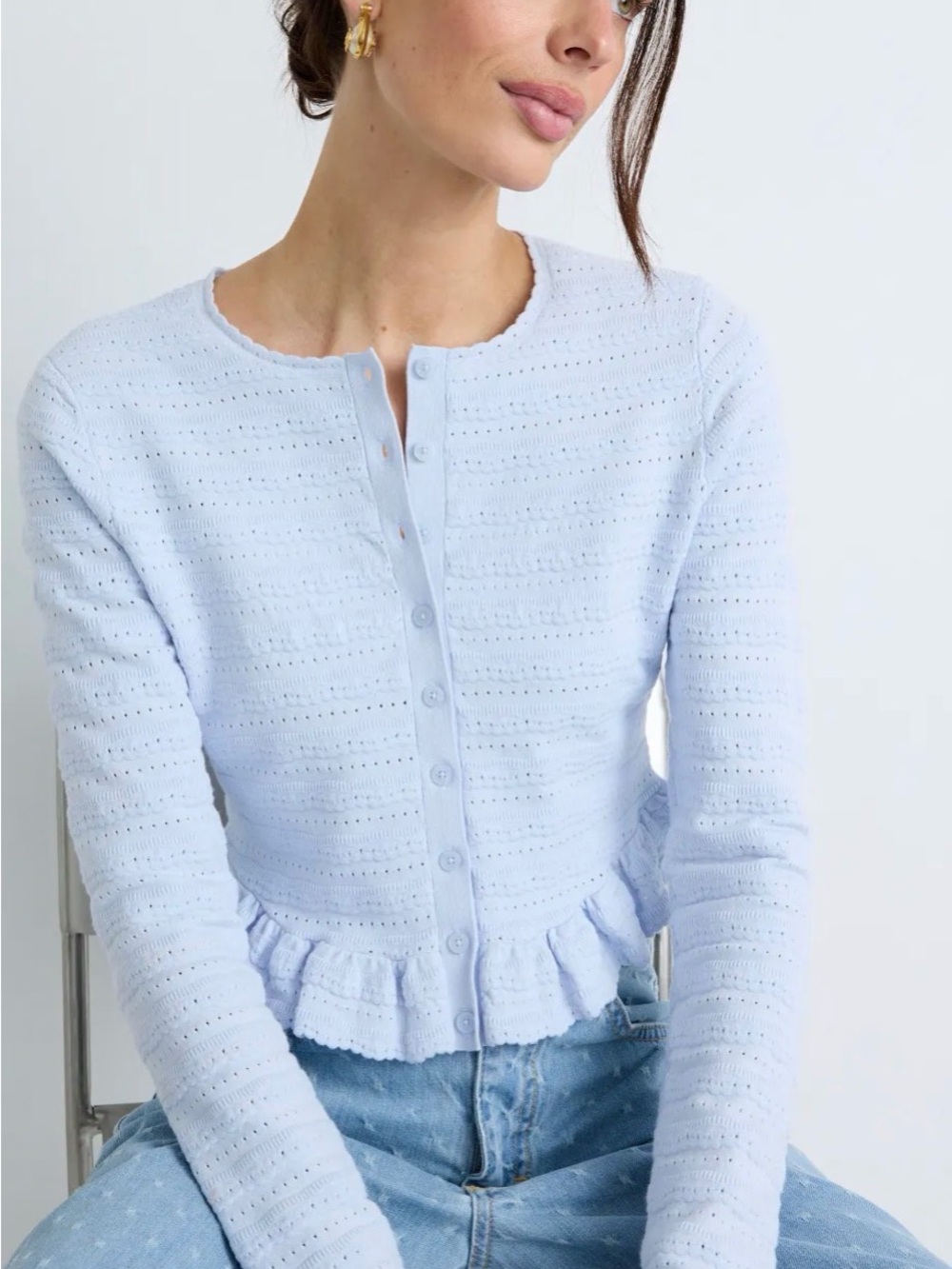 LoveShackFancy Light Blue Ruffle Hem Button-Up Cardigan